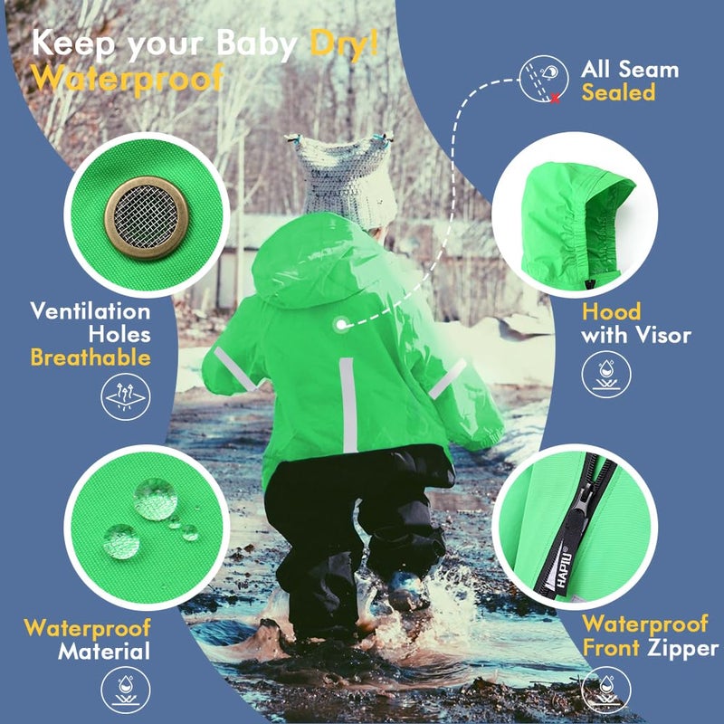 HAPIU Kids Toddler Rain Suit Muddy Buddy Waterproof Coverall,Green,3T,Upgraded - Image 2